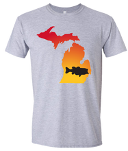 Load image into Gallery viewer, Short Sleeve T-Shirt Michigan Athletic Heather Large Mouth Bass Vibrant Design High Quality Tight Knit Ring Spun Low Maintenance Cotton Printed With The Newest Available Color Transfer Technology