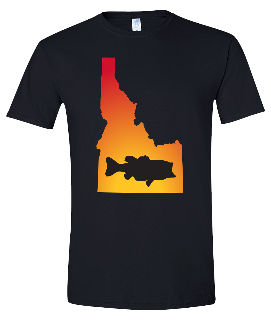 Short Sleeve T-Shirt Idaho Black Large Mouth Bass Vibrant Design High Quality Tight Knit Ring Spun Low Maintenance Cotton Printed With The Newest Available Color Transfer Technology