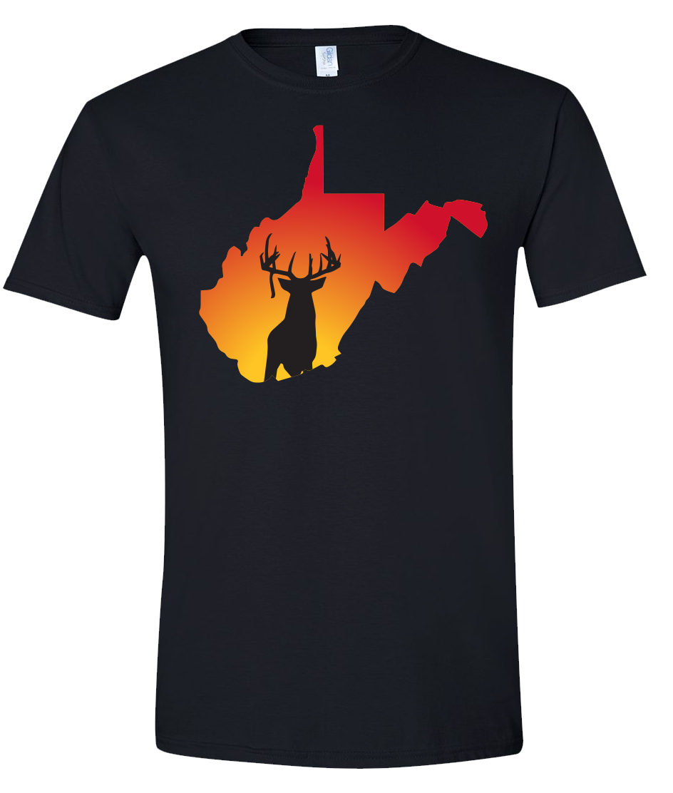 Short Sleeve T-Shirt West Virginia Black Whitetail Deer Vibrant Design High Quality Tight Knit Ring Spun Low Maintenance Cotton Printed With The Newest Available Color Transfer Technology