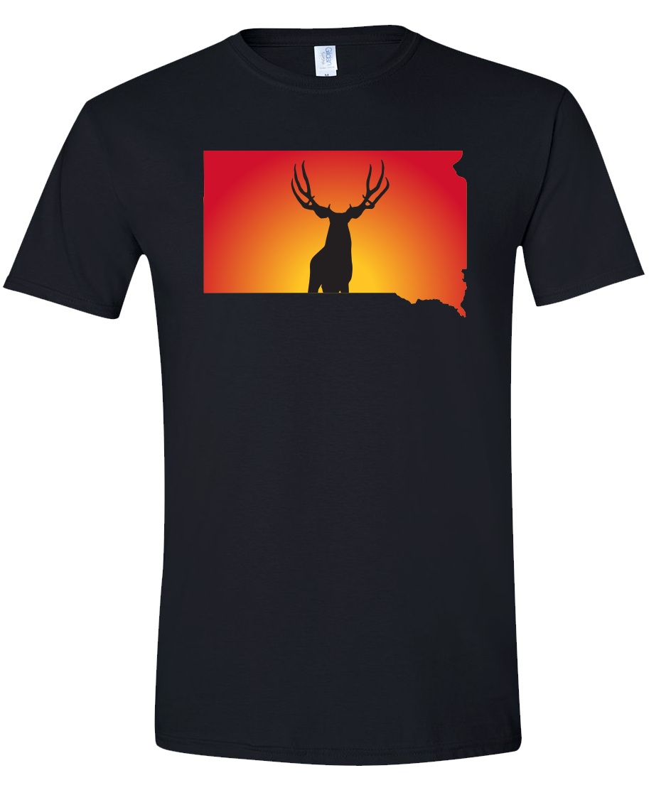 Short Sleeve T-Shirt South Dakota Black Mule Deer Vibrant Design High Quality Tight Knit Ring Spun Low Maintenance Cotton Printed With The Newest Available Color Transfer Technology