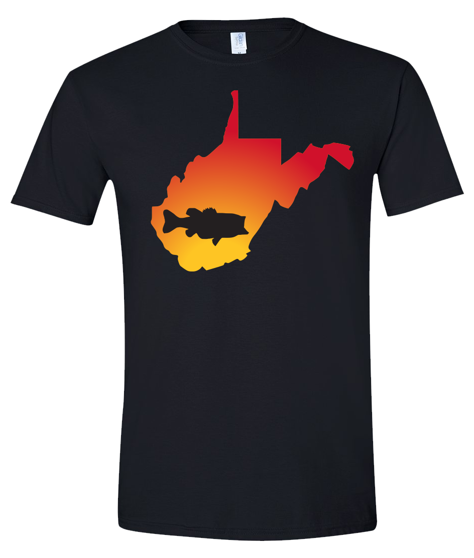 Short Sleeve T-Shirt West Virginia Black Large Mouth Bass Vibrant Design High Quality Tight Knit Ring Spun Low Maintenance Cotton Printed With The Newest Available Color Transfer Technology