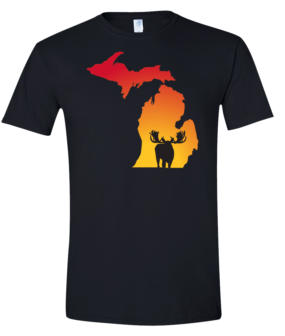 Short Sleeve T-Shirt Michigan Black Moose Vibrant Design High Quality Tight Knit Ring Spun Low Maintenance Cotton Printed With The Newest Available Color Transfer Technology