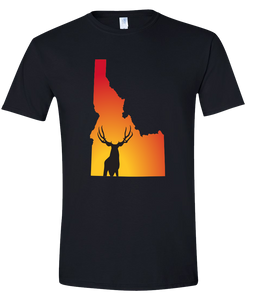 Short Sleeve T-Shirt Idaho Black Mule Deer Vibrant Design High Quality Tight Knit Ring Spun Low Maintenance Cotton Printed With The Newest Available Color Transfer Technology