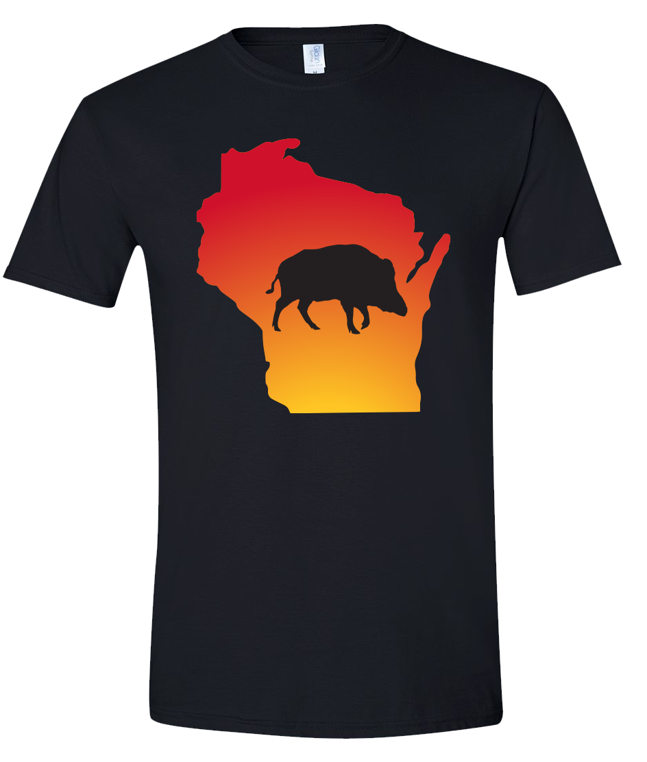 Short Sleeve T-Shirt Wisconsin Black Wild Hog Vibrant Design High Quality Tight Knit Ring Spun Low Maintenance Cotton Printed With The Newest Available Color Transfer Technology