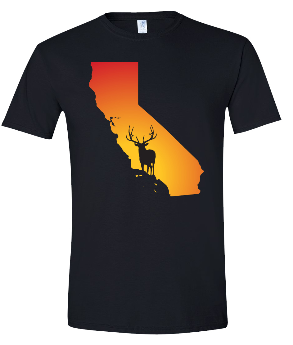 Short Sleeve T-Shirt California Black Elk Vibrant Design High Quality Tight Knit Ring Spun Low Maintenance Cotton Printed With The Newest Available Color Transfer Technology