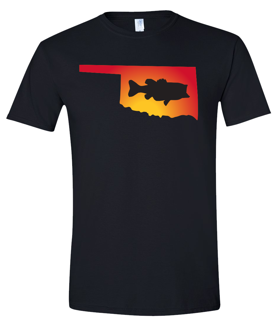 Short Sleeve T-Shirt Oklahoma Black Large Mouth Bass Vibrant Design High Quality Tight Knit Ring Spun Low Maintenance Cotton Printed With The Newest Available Color Transfer Technology