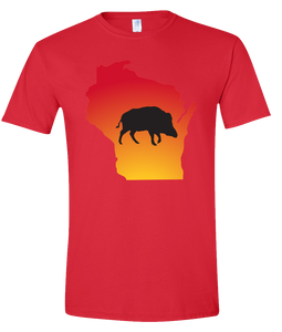 Short Sleeve T-Shirt Wisconsin Red Wild Hog Vibrant Design High Quality Tight Knit Ring Spun Low Maintenance Cotton Printed With The Newest Available Color Transfer Technology