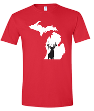 Load image into Gallery viewer, Short Sleeve T-Shirt Michigan Red Whitetail Deer Vibrant Design High Quality Tight Knit Ring Spun Low Maintenance Cotton Printed With The Newest Available Color Transfer Technology