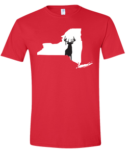 Short Sleeve T-Shirt New York Red Whitetail Deer Vibrant Design High Quality Tight Knit Ring Spun Low Maintenance Cotton Printed With The Newest Available Color Transfer Technology
