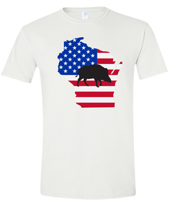 Short Sleeve T-Shirt Wisconsin White Wild Hog Vibrant Design High Quality Tight Knit Ring Spun Low Maintenance Cotton Printed With The Newest Available Color Transfer Technology